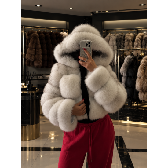 ZOYA KAPÜŞONLU  TİLKİ KÜRKÜ BEYAZ