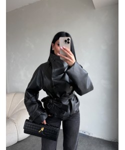 DİK YAKA KUŞAKLI DERİ CEKET 