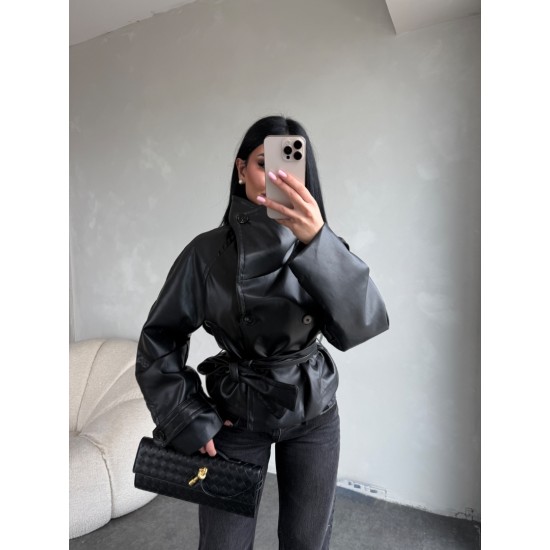 DİK YAKA KUŞAKLI DERİ CEKET 