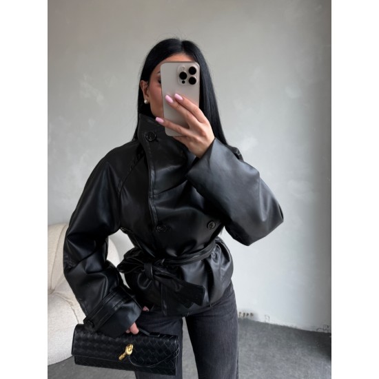 DİK YAKA KUŞAKLI DERİ CEKET 