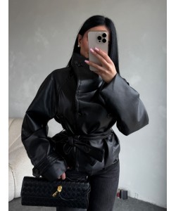 DİK YAKA KUŞAKLI DERİ CEKET 