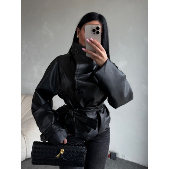 DİK YAKA KUŞAKLI DERİ CEKET 