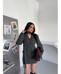 VATKALI BELDEN OTURMALI KUŞAK DETAY ETEK TAKIM GRİ