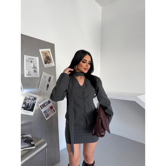 VATKALI BELDEN OTURMALI KUŞAK DETAY ETEK TAKIM GRİ