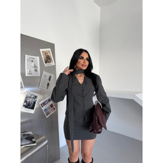 VATKALI BELDEN OTURMALI KUŞAK DETAY ETEK TAKIM GRİ