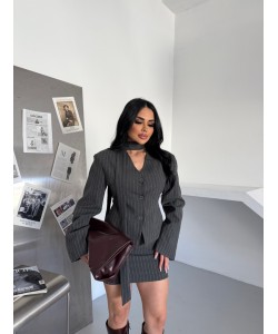 VATKALI BELDEN OTURMALI KUŞAK DETAY ETEK TAKIM GRİ