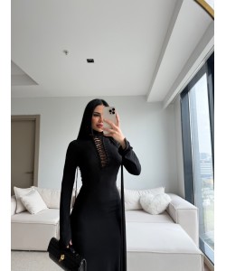 ÖZEL TASARIM KUŞGÖZÜ FULAR DETAYLI MAXİ ELBİSE