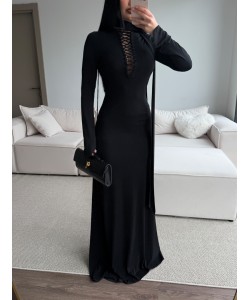 ÖZEL TASARIM KUŞGÖZÜ FULAR DETAYLI MAXİ ELBİSE