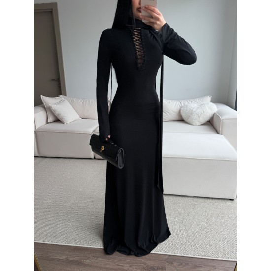 ÖZEL TASARIM KUŞGÖZÜ FULAR DETAYLI MAXİ ELBİSE