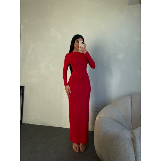 KIRMIZI UZUN KOLLU BODYCON ELBİSE 