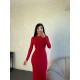 KIRMIZI UZUN KOLLU BODYCON ELBİSE 
