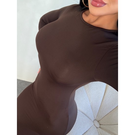 KAHVE UZUN KOLLU BODYCON ELBİSE 