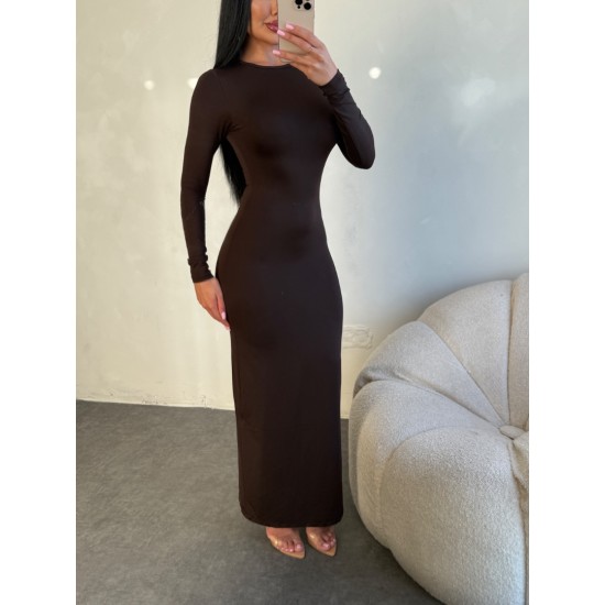 KAHVE UZUN KOLLU BODYCON ELBİSE 