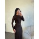 KAHVE UZUN KOLLU BODYCON ELBİSE 