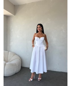 CHERİE POPLİN HALTER YAKA MİDİ ELBİSE BEYAZ