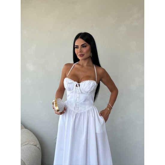 CHERİE POPLİN HALTER YAKA MİDİ ELBİSE BEYAZ