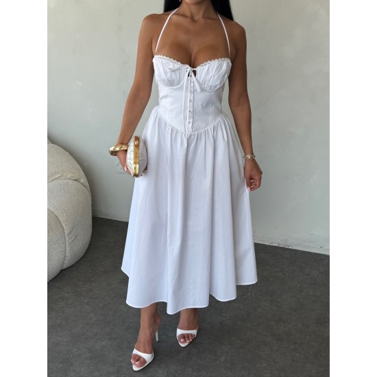 CHERİE POPLİN HALTER YAKA MİDİ ELBİSE BEYAZ