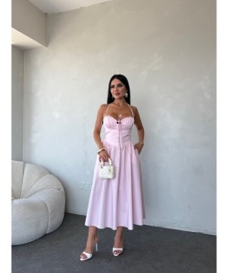 CHERİE POPLİN HALTER YAKA MİDİ ELBİSE  PEMBE