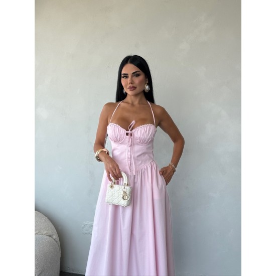 CHERİE POPLİN HALTER YAKA MİDİ ELBİSE  PEMBE