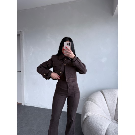 KONTRAST DİKİSLİ CEKET PANTOLON TAKIM KAHVE