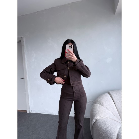 KONTRAST DİKİSLİ CEKET PANTOLON TAKIM KAHVE