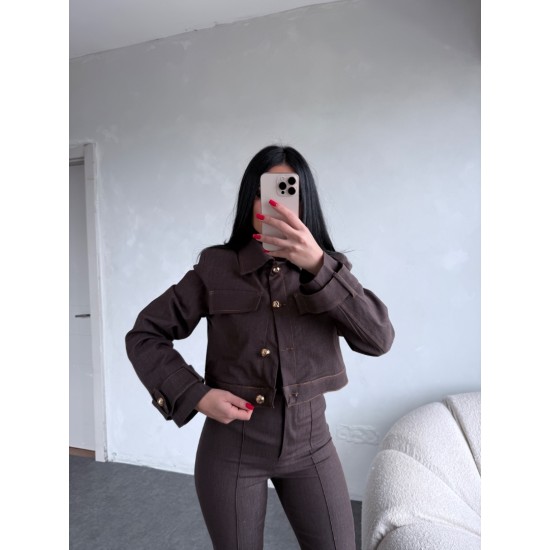 KONTRAST DİKİSLİ CEKET PANTOLON TAKIM KAHVE