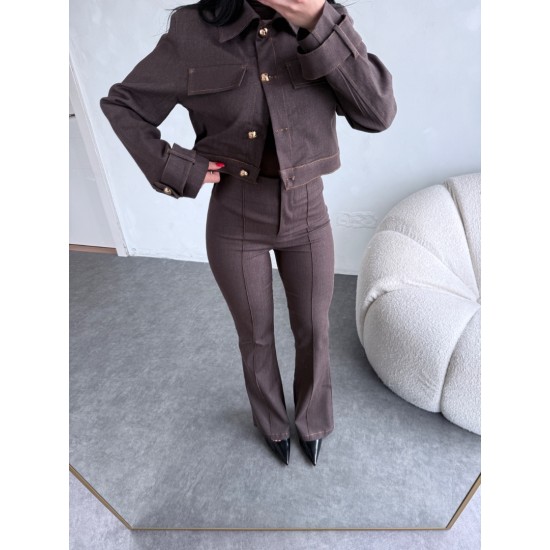 KONTRAST DİKİSLİ CEKET PANTOLON TAKIM KAHVE