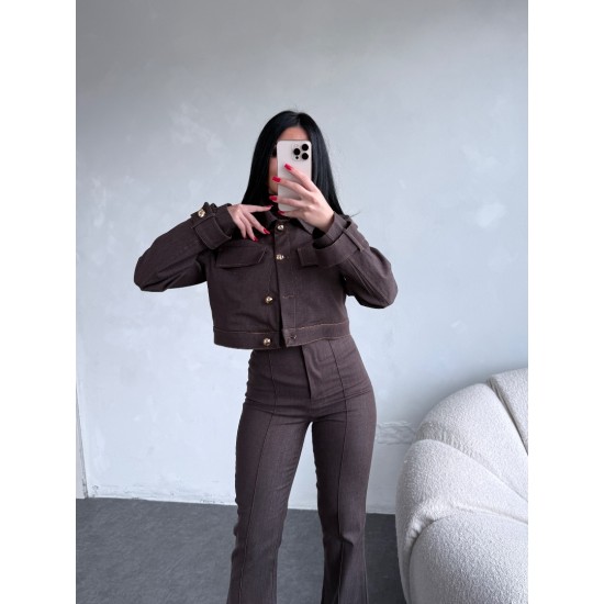 KONTRAST DİKİSLİ CEKET PANTOLON TAKIM KAHVE