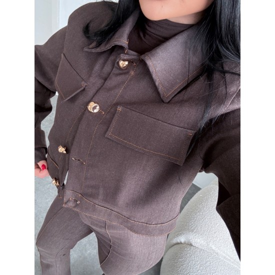 KONTRAST DİKİSLİ CEKET PANTOLON TAKIM KAHVE