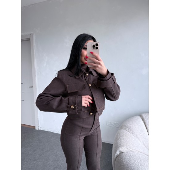 KONTRAST DİKİSLİ CEKET PANTOLON TAKIM KAHVE