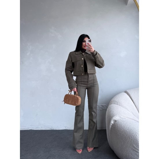 KONTRAST DİKİSLİ CEKET PANTOLON TAKIM HAKİ 