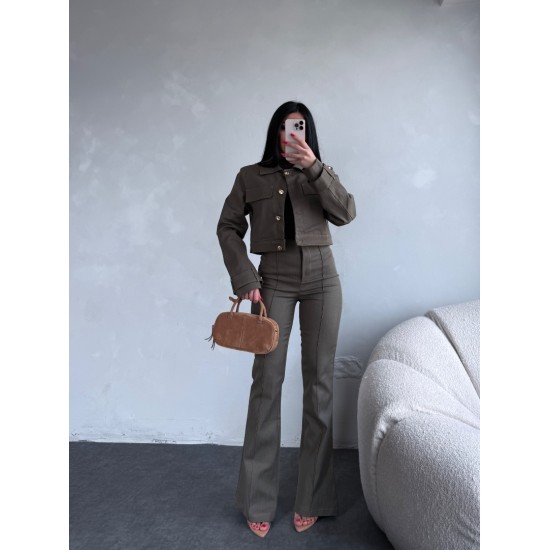 KONTRAST DİKİSLİ CEKET PANTOLON TAKIM HAKİ 