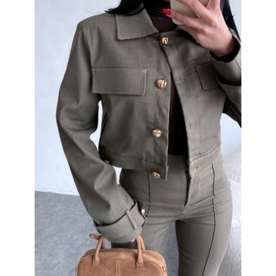 KONTRAST DİKİSLİ CEKET PANTOLON TAKIM HAKİ 