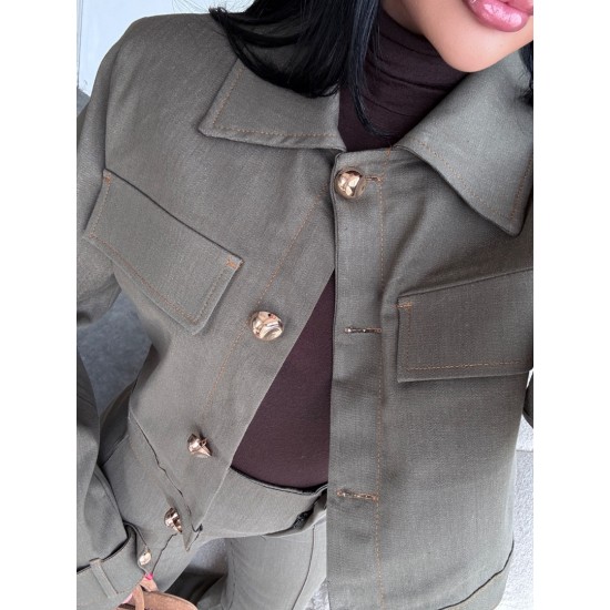 KONTRAST DİKİSLİ CEKET PANTOLON TAKIM HAKİ 