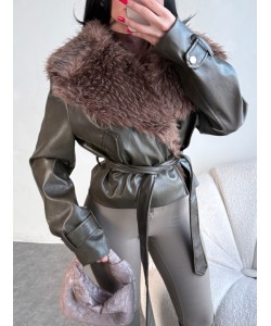 ÖZEL SERİ YAKASI KÜRKLÜ DERİ CEKET HAKİ