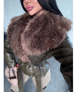 ÖZEL SERİ YAKASI KÜRKLÜ DERİ CEKET HAKİ