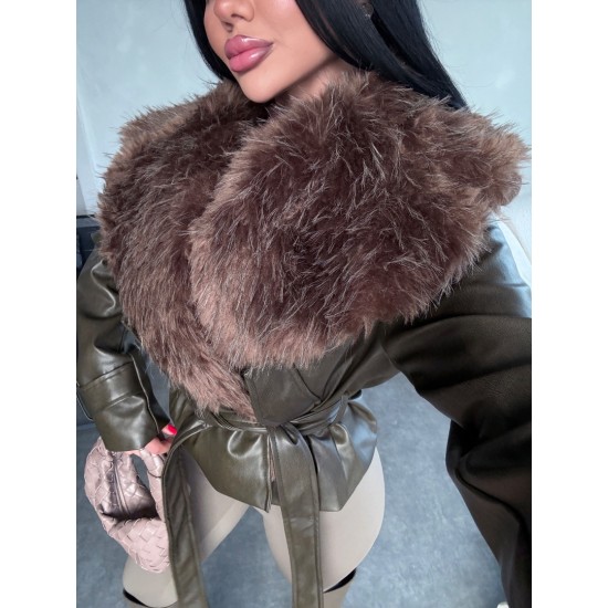 ÖZEL SERİ YAKASI KÜRKLÜ DERİ CEKET HAKİ