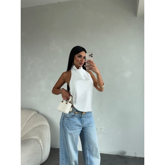 BEYAZ HALTER YAKA SATEN BLUZ