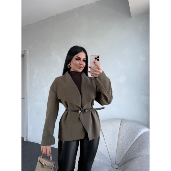 KAŞE KAŞMİR KEMERLİ CEKET VİZON