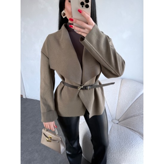 KAŞE KAŞMİR KEMERLİ CEKET VİZON