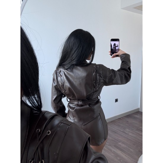 TASARIM OMUZ DETAYLI ACI KAHVE DERİ CEKET 