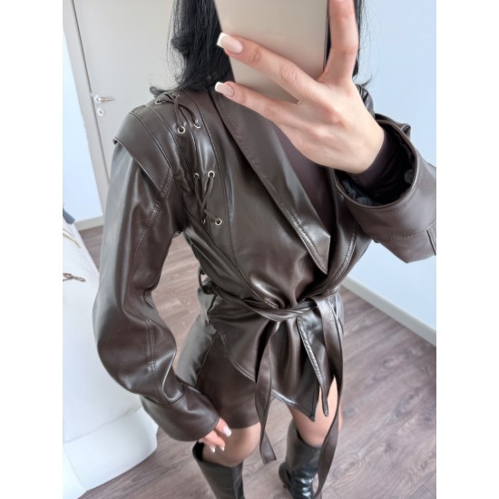 TASARIM OMUZ DETAYLI ACI KAHVE DERİ CEKET 