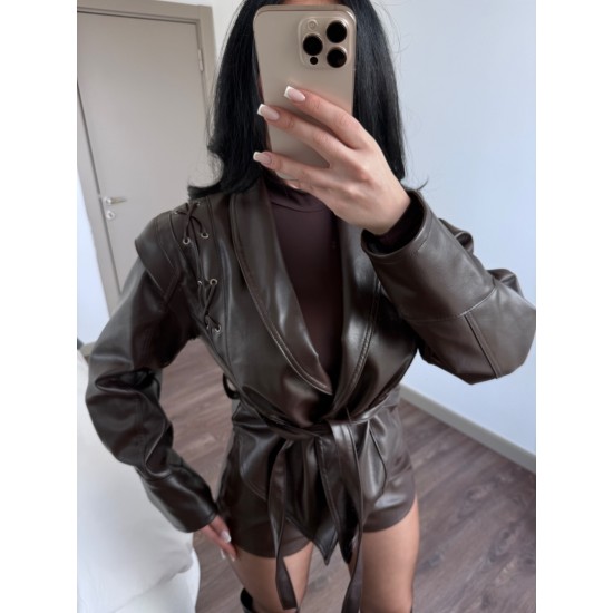 TASARIM OMUZ DETAYLI ACI KAHVE DERİ CEKET 