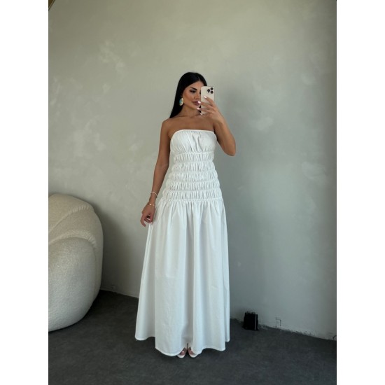 STRAPLEZ BÜZGÜLÜ POPLİN BEYAZ ELBİSE