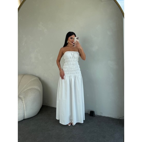STRAPLEZ BÜZGÜLÜ POPLİN BEYAZ ELBİSE