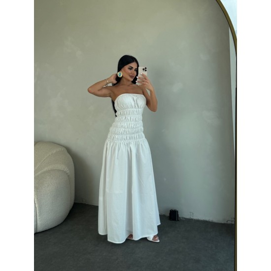 STRAPLEZ BÜZGÜLÜ POPLİN BEYAZ ELBİSE