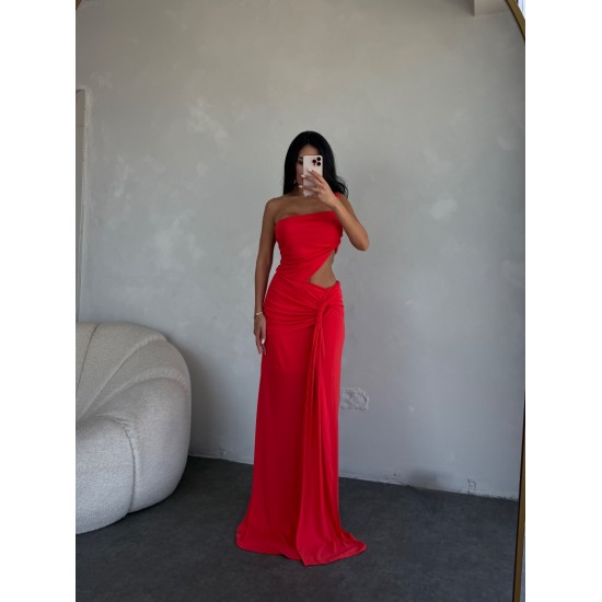 KIRMIZI ASİMETRİK KESİM TASARIM ELBİSE 