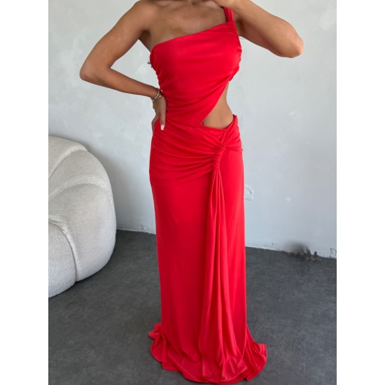 KIRMIZI ASİMETRİK KESİM TASARIM ELBİSE 