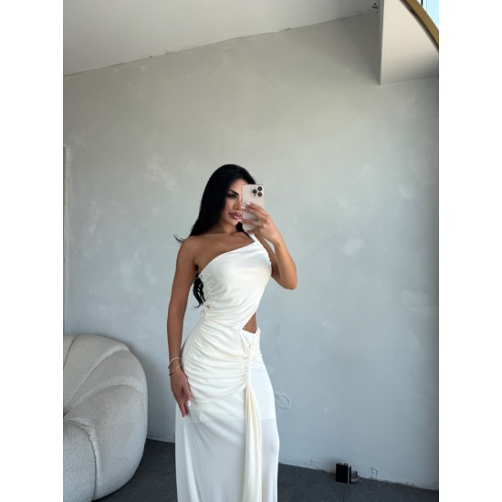 BEYAZ ASİMETRİK KESİM TASARIM ELBİSE 