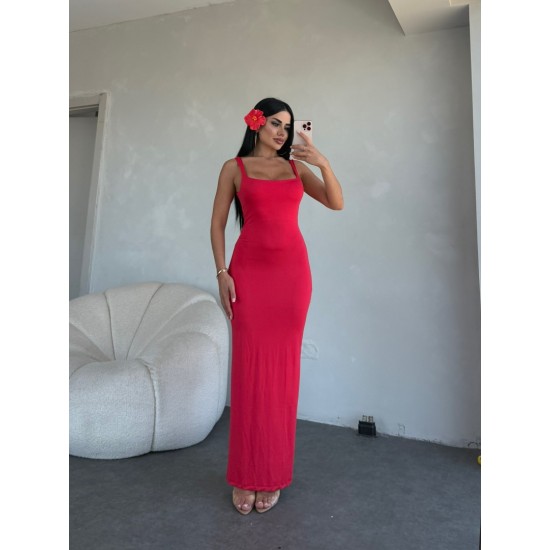 KIRMIZI KALIN ASKILI STREÇ ELBİSE